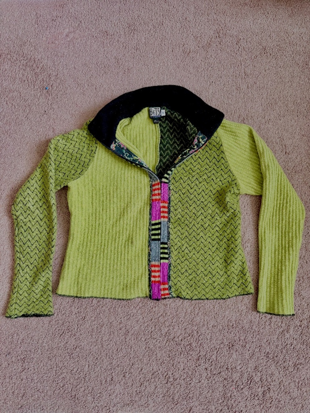 Bets Canvasbacks Cardigan Sweater Wool Blend Artsy Kitschy Patchwork Columbia M